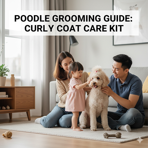 Gia đình chăm sóc chó Poodle lông xoăn với bộ dụng cụ grooming và vệ sinh tại nhà