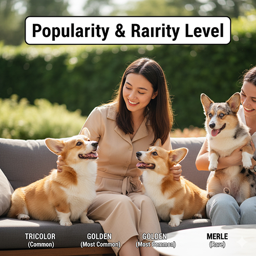 So sánh độ phổ biến của Corgi Tricolor (phổ biến), vàng (phổ biến nhất) và Merle (hiếm) 🐶