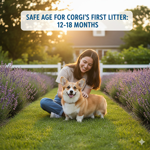 Độ tuổi an toàn để Corgi đẻ lứa đầu: chó cái 12–18 tháng, chó đực ≥15 tháng để đảm bảo sức khỏe và chất lượng.