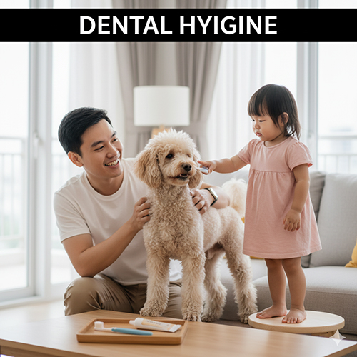 Bé gái và bố đang chuẩn bị bàn chải và kem đánh răng dành riêng cho chó Poodle tại nhà