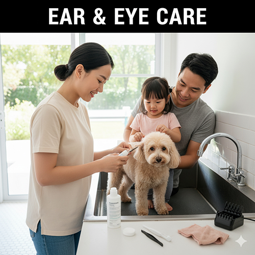 Gia đình sử dụng nhíp, bông vệ sinh và khăn mềm để chăm sóc tai và mắt cho chó Poodle