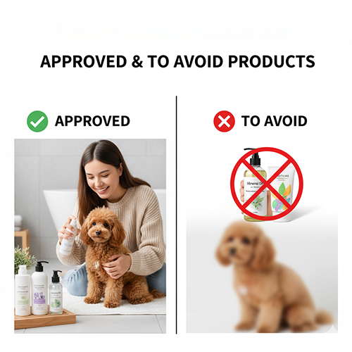 Chó Poodle được xịt conditioner thú cưng dịu nhẹ – sản phẩm nên dùng; tránh dầu khoáng, kem người có cồn hoặc hương liệu