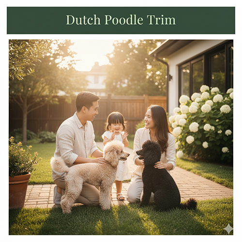 Gia đình Việt trẻ chơi với chó Poodle kiểu Dutch Trim trong sân sau.