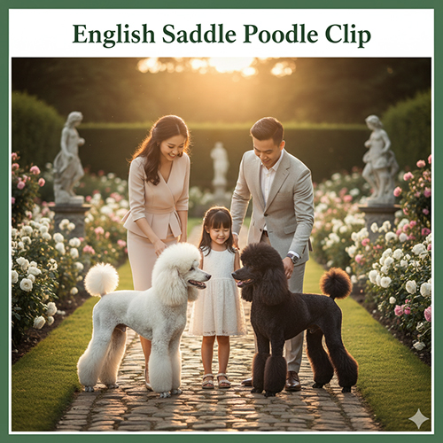 Gia đình Việt trẻ dắt chó Poodle kiểu English Saddle trong vườn.