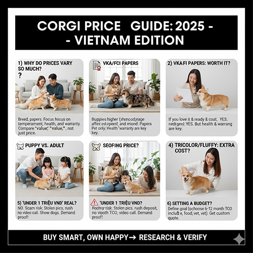 FAQ bảng giá chó Corgi 2025 – Giải đáp thắc mắc về chênh lệch giá, giấy VKA/FCI, tuổi, màu lông và cảnh báo giá rẻ