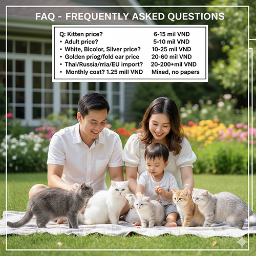 FAQ giá mèo Anh lông ngắn 2025 – mèo con, trưởng thành, màu trắng/bicolor/silver/golden, hàng nhập Thái/Nga/Âu, chi phí nuôi; ảnh gia đình chơi với đàn British Shorthair