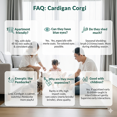 FAQ Cardigan Welsh Corgi: nuôi căn hộ, mắt xanh, rụng lông, tính cách so với Pembroke, giá cao và nuôi với trẻ nhỏ