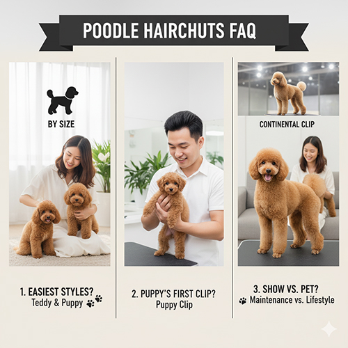 FAQ cắt tỉa lông chó Poodle – giải đáp các câu hỏi thường gặp về kiểu cắt, chu kỳ grooming và chi phí ✂️🐩