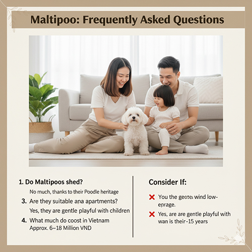 FAQ Maltipoo – Poodle lai Maltese: ít rụng lông, hợp nuôi căn hộ, hiền lành với trẻ nhỏ, sống 12–15 năm, giá tại Việt Nam 6–18 triệu