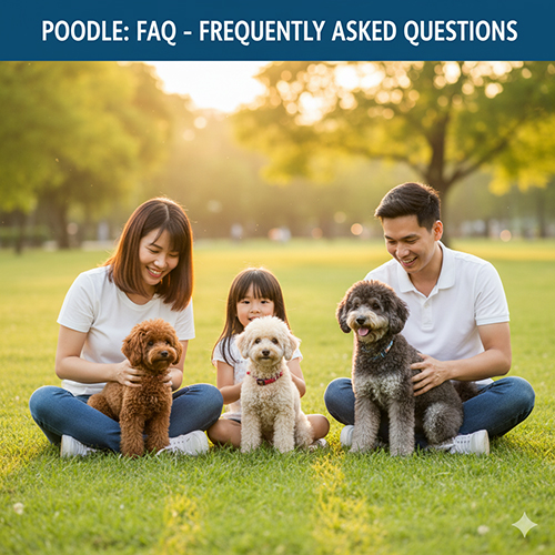 Gia đình cùng ba chú chó Poodle ngoài công viên – tổng hợp câu hỏi thường gặp về giống Poodle.