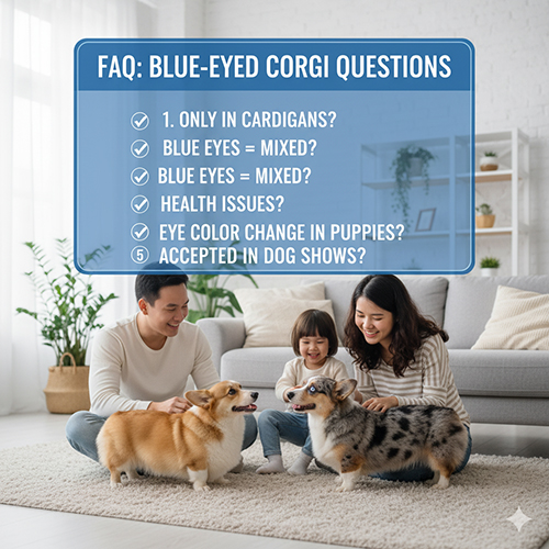 Gia đình cùng hai bé Corgi, một bé có mắt xanh, trong phòng khách – minh họa phần FAQ