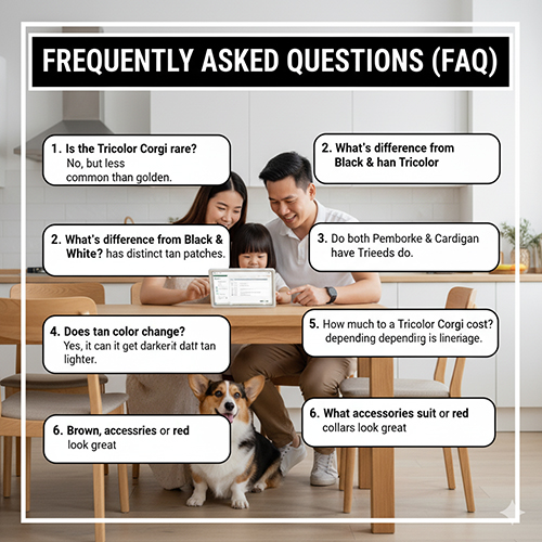 Gia đình cùng chó Corgi Tricolor, minh họa FAQ về độ hiếm, sự khác biệt với đen trắng, thay đổi màu lông và giá bán.
