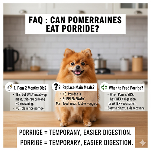 Infographic giải đáp các câu hỏi thường gặp về việc chó Phốc Sóc ăn cháo, bao gồm cho chó con, thay thế bữa chính và khi nào nên cho ăn.