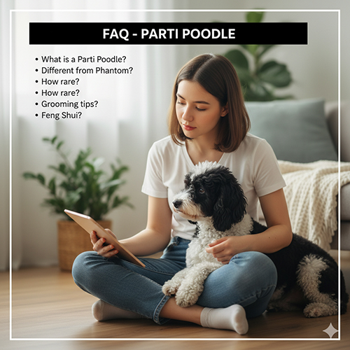 FAQ chó Poodle bò sữa (Parti/bi-color) giải đáp thắc mắc về độ hiếm, giá bán, phân biệt với Phantom và ý nghĩa phong thủy