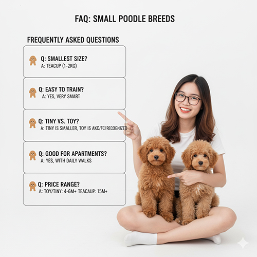 FAQ Poodle nhỏ – câu hỏi thường gặp về Teacup, Tiny, Toy Poodle: kích thước, tuổi thọ, giá, huấn luyện, chăm sóc, tính cách