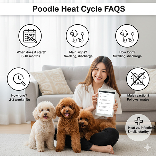 Câu hỏi thường gặp về chu kỳ động dục của Poodle: lần đầu, dấu hiệu, thời gian kéo dài, thời điểm phối, phản ứng của đực, phân biệt bệnh viêm tử cung, nhật ký chu kỳ.