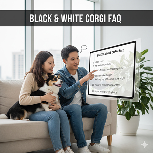 Cặp đôi ôm chó Corgi đen trắng đọc bảng câu hỏi thường gặp 🖤🤍❓