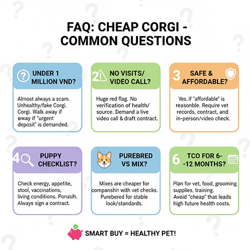 FAQ về Corgi giá rẻ: câu hỏi thường gặp như giá dưới 1 triệu, không cho xem trại, chọn Corgi lai hay thuần, chuẩn bị chi phí TCO