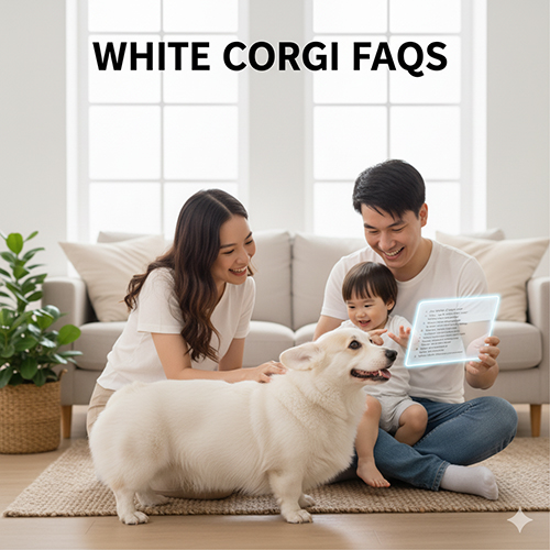 Gia đình cùng chó Corgi màu trắng trong phòng khách – bảng câu hỏi thường gặp 🤍❓