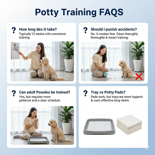 FAQ nhanh về dạy chó Poodle đi vệ sinh vào khay: mất bao lâu để quen, có nên phạt khi đi sai, Poodle trưởng thành có tập được không, khay và tã lót nên chọn loại nào