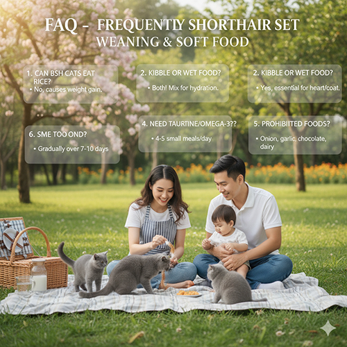 FAQ dinh dưỡng mèo Anh lông ngắn – ăn cơm, hạt, pate, taurine, món cấm