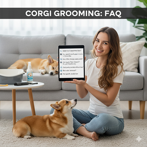 Một người phụ nữ trẻ đang ngồi trên sàn nhà cùng chú chó Corgi, tay cầm máy tính bảng hiển thị các câu hỏi thường gặp (FAQ) về đồ dùng vệ sinh cho Corgi. Bên cạnh là khay vệ sinh và một chú Corgi khác đang ngủ trên ghế sofa.