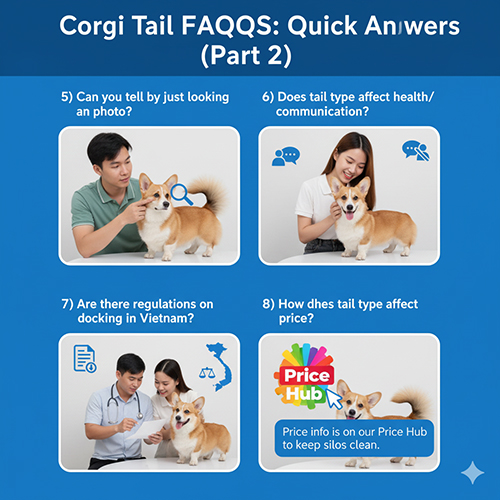 Giải đáp nhanh FAQ đuôi Corgi phần 2: phân biệt qua ảnh, ảnh hưởng sức khỏe/giao tiếp, quy định ở Việt Nam, tác động đến giá.