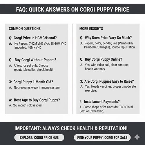 FAQ giá Corgi con 2025: giá tại HCM/Hà Nội, có nên mua không giấy, tuổi tốt nhất để đón bé, lý do giá dao động, mua online và trả góp