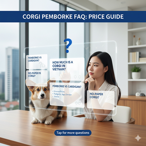 Người phụ nữ ngồi cạnh chó Corgi Pembroke và màn hình hiển thị các câu hỏi thường gặp về giá Corgi tại Việt Nam