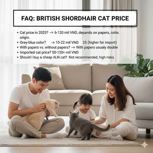 Ảnh FAQ giá mèo Anh lông ngắn 2025 – gia đình ba người chơi với hai chú mèo trong phòng khách, khung chữ liệt kê câu hỏi thường gặp về giá.