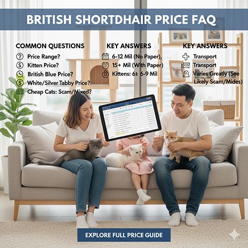 Infographic FAQ giá mèo Anh lông ngắn 2025 với gia đình ngồi sofa bế ba mèo con và các mục câu hỏi – trả lời nhanh