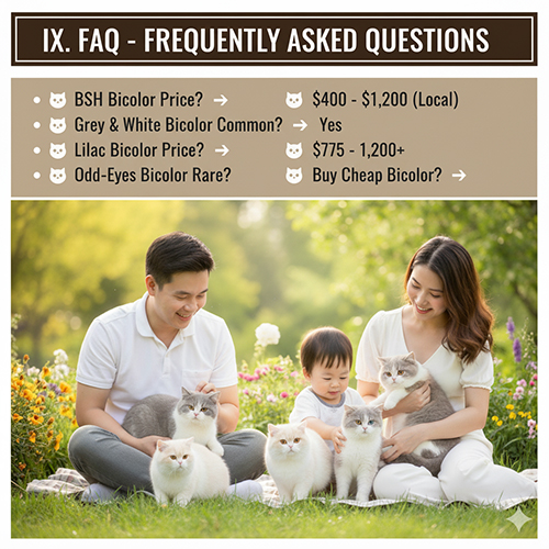 FAQ giá mèo Anh lông ngắn bicolor và câu hỏi thường gặp về màu xám trắng, lilac, odd-eyes và mèo giá rẻ