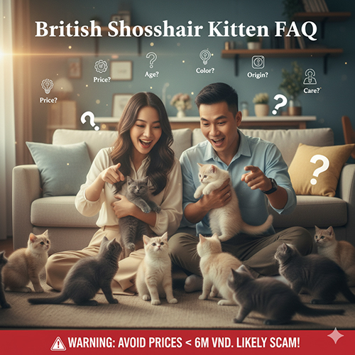 Cặp đôi ngồi trên sofa chơi với nhiều mèo con British Shorthair trong phòng khách, khung “FAQ” và cảnh báo tránh giá dưới 6 triệu.