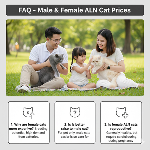 Infographic FAQ giá mèo Anh lông ngắn đực và cái – gia đình vui chơi với hai mèo British Shorthair ngoài công viên, gồm 3 ô hỏi đáp về lý do mèo cái đắt hơn, có nên nuôi mèo đực, và khả năng sinh sản của mèo cái