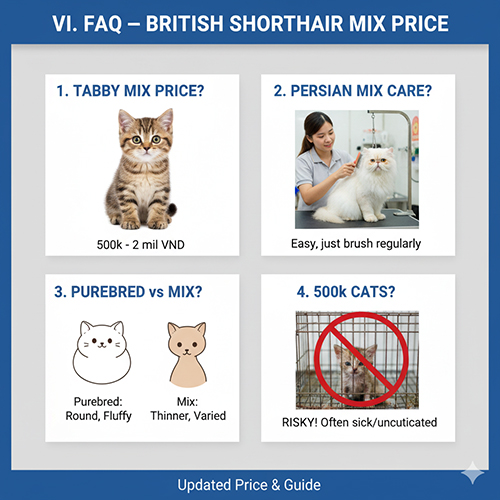 Bộ ảnh FAQ về British Shorthair mix: tabby mix giá 500k–2 triệu, chăm sóc Persian mix, phân biệt thuần và lai, cảnh báo mèo giá 500k thường bệnh.