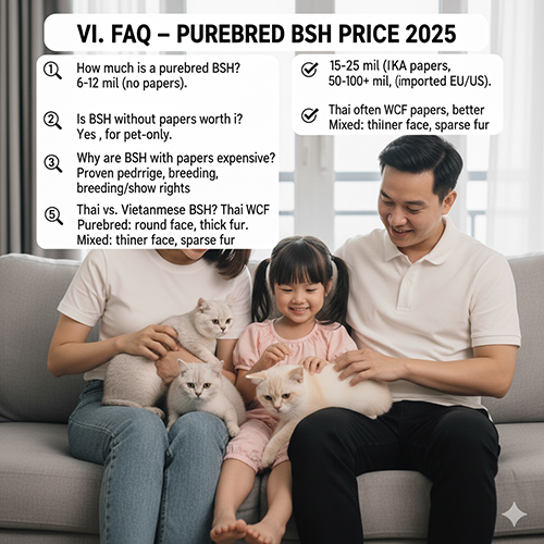 Gia đình ôm mèo Anh lông ngắn thuần chủng, kèm bảng FAQ trả lời các câu hỏi phổ biến về giá BSH năm 2025.
