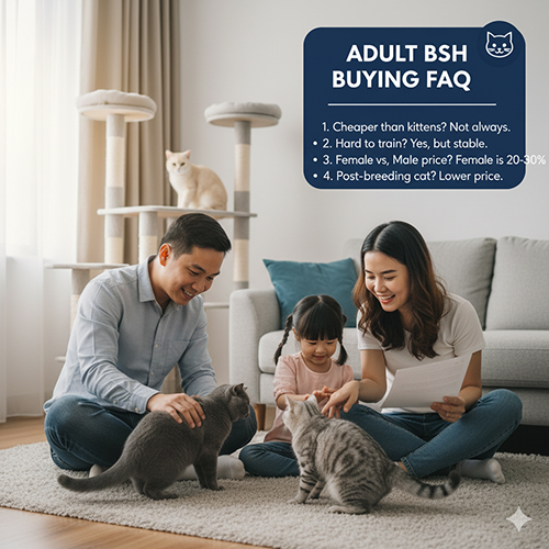 Gia đình chơi với ba mèo Anh lông ngắn trưởng thành trong phòng khách; khung chữ “Adult BSH Buying FAQ” liệt kê 4 câu hỏi thường gặp về giá và nuôi mèo trưởng thành.