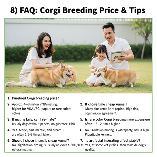 FAQ giá phối giống Corgi: chi phí trung bình, màu lông hiếm, phối rẻ có đáng tin, chính sách phối lại, phí soi trứng, dịch vụ phối nhân tạo.