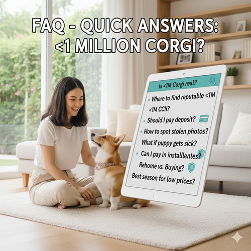 Người phụ nữ ngồi cạnh chó Corgi và cầm tablet hiển thị các câu hỏi thường gặp về Corgi dưới 1 triệu