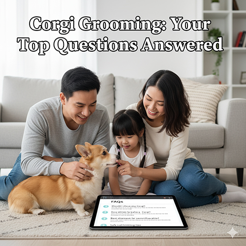 Gia đình cùng chó Corgi đọc FAQ trên máy tính bảng – giải đáp thắc mắc phổ biến về grooming và chăm sóc lông