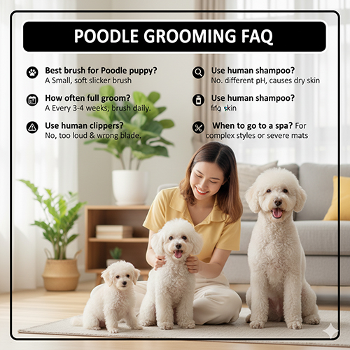 Chủ nhân ngồi cùng ba chú chó Poodle các size khác nhau, minh họa câu hỏi thường gặp về grooming