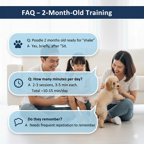 FAQ huấn luyện Poodle 2 tháng tuổi: tập bắt tay sau lệnh ngồi, mỗi ngày 10–15 phút, dễ quên nếu không lặp lại, chưa cần gửi đi trường huấn luyện.