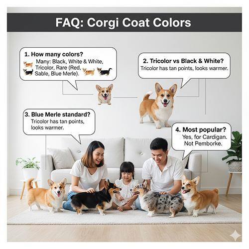 Gia đình cùng nhiều chú Corgi với màu red, vàng trắng, tricolor và blue merle – minh họa các câu hỏi thường gặp về màu lông.