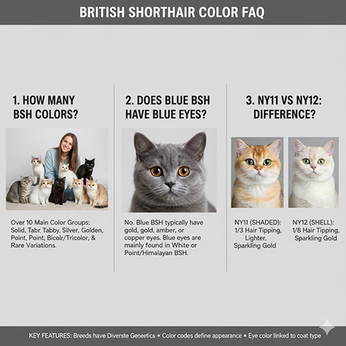 Câu hỏi thường gặp về màu mèo Anh lông ngắn như số lượng màu, mắt xanh ở blue, sự khác biệt ny11 và ny12