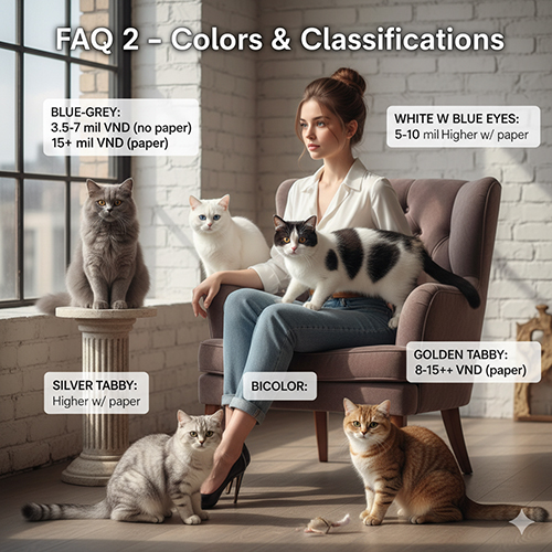 FAQ màu sắc mèo Anh lông ngắn – xám xanh, trắng mắt xanh, bicolor, tabby, silver, golden