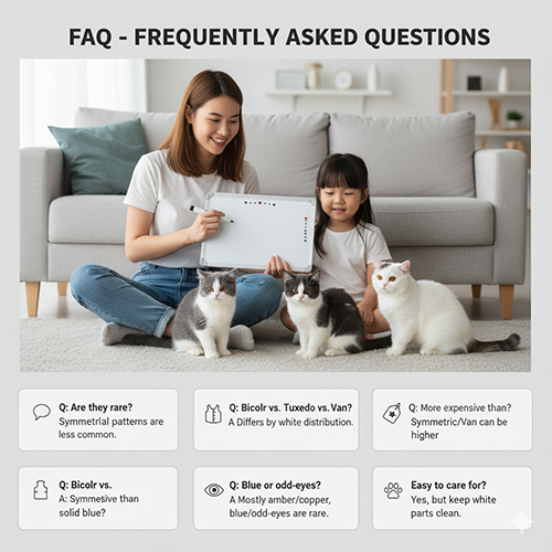 Câu hỏi thường gặp về mèo Anh lông ngắn bicolor cùng hình ảnh minh họa gia đình chơi với mèo