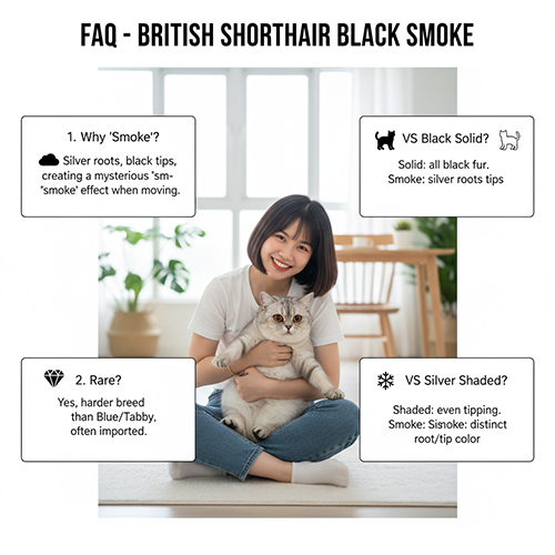 Câu hỏi thường gặp về mèo Anh lông ngắn Black Smoke với hiệu ứng khói bạc độc đáo
