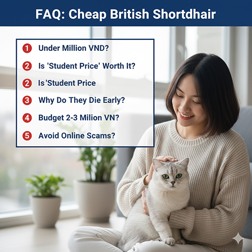 Cô gái ôm mèo Anh lông ngắn với khung FAQ 5 câu hỏi về “giá rẻ”, giá sinh viên, chết yểu, ngân sách 2–3 triệu và tránh lừa đảo online.