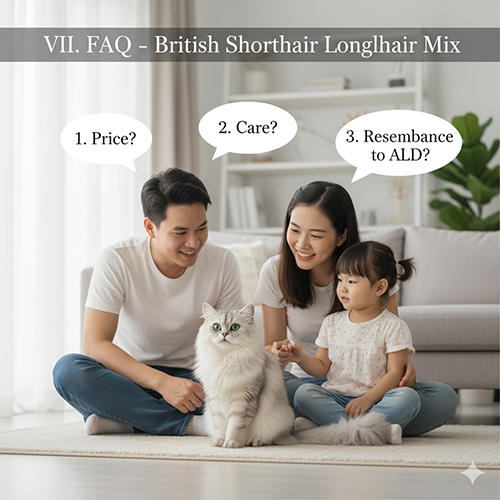 Gia đình Việt Nam ngồi chơi cùng mèo Anh lông ngắn lai Anh lông dài, các bong bóng hội thoại đặt câu hỏi về giá, chăm sóc và ngoại hình