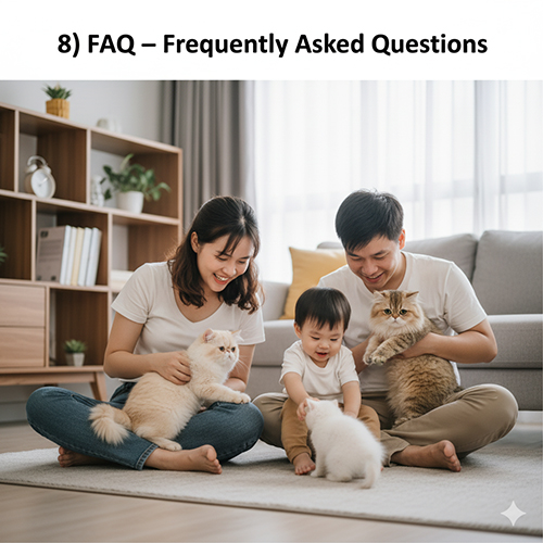 Gia đình chơi đùa cùng hai bé mèo Anh lông ngắn lai Ba Tư trong phòng khách ấm cúng